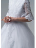 Beaded Elbow Sleeves White Lace Tulle Flower Girl Dress